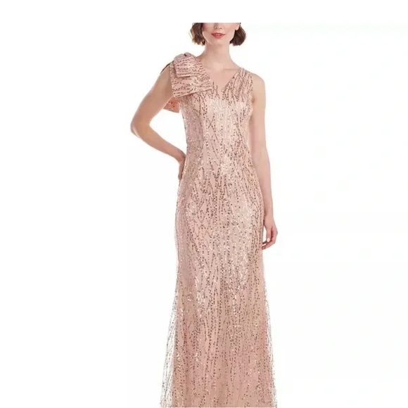 Dress Formal JS Collections Blush Gold 16 Sequined Sleeveless Bow V-Neck… - Picture 1 of 13
